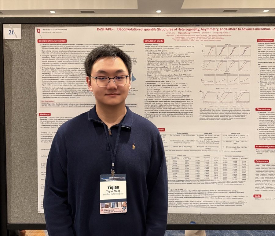 Yiqian Zhang standing in front of his DeSHAPE alpha-diversity research poster at the 2026 ENAR Spring Meeting